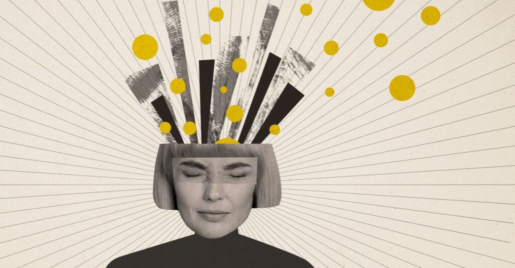 collage di immagini, donna dal cui cervello escono forme geometriche