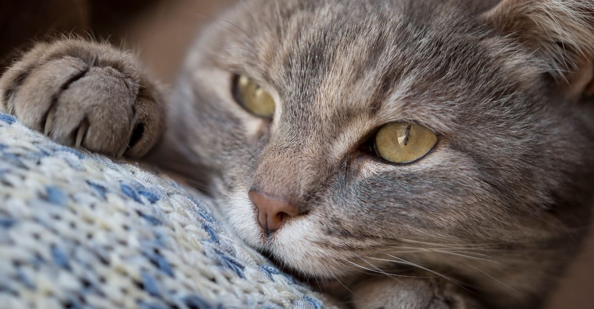 Gatto grigio con occhi gialli che poggia una zampa su una coperta lavorata.
