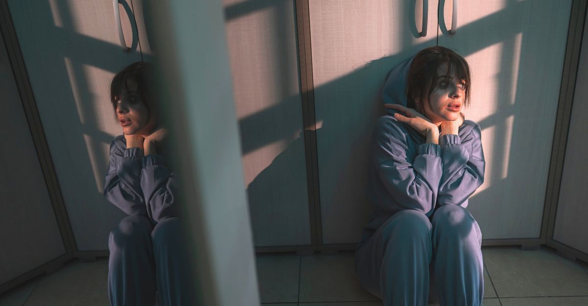 Sentire le voci e schizofrenia Una donna con schizofrenia seduta a terra in una stanza.