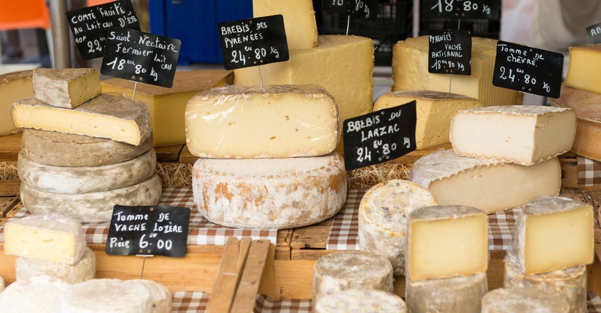 Esposizione di formaggi vari con cartellini dei prezzi in un mercato.