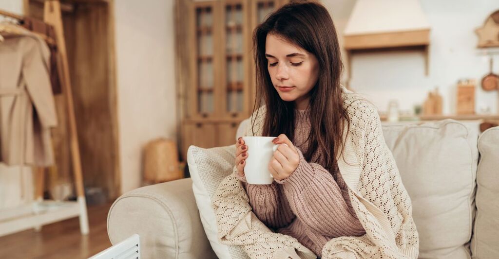 Giovane donna in abiti caldi e plaid che tiene in mano una tazza di bevanda calda mentre è seduta sul divano a casa vicino alla stufa elettrica