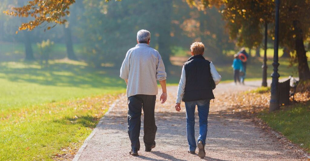 Una coppia di anziani cammina in autunno in un parco con una giornata di sole