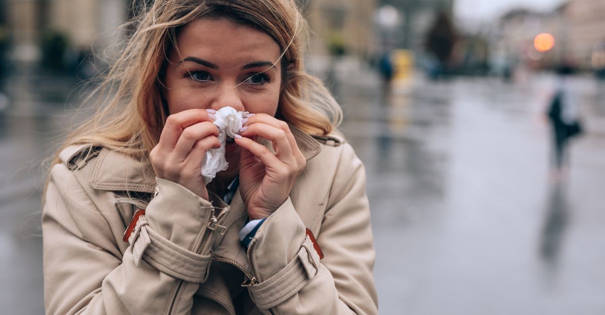 Cosa fare quando si avvertono i sintomi di un’influenza in arrivo donna si soffia il naso infreddolita