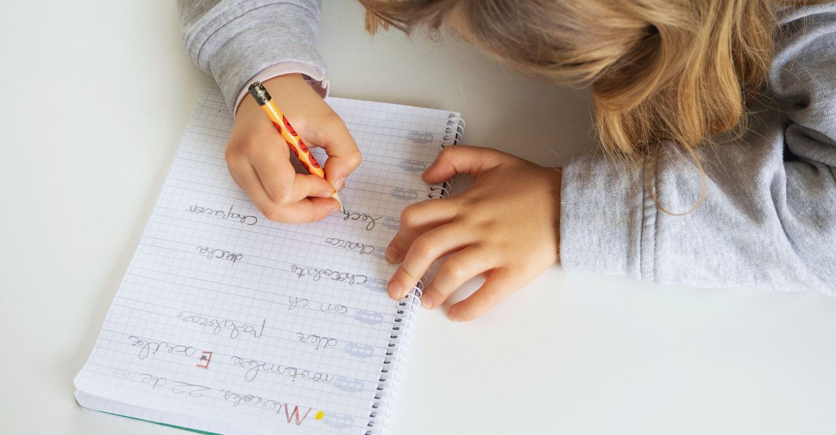 Bambina che scrive parole, impara, fa i compiti