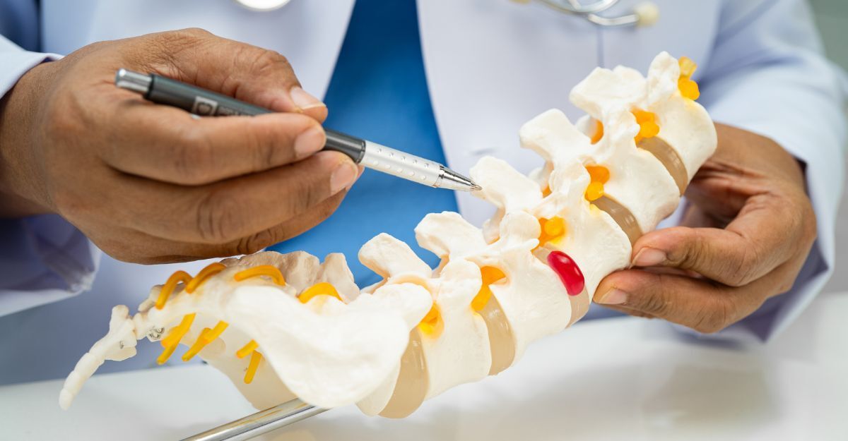 Un medico indica la colonna vertebrale su un plastico