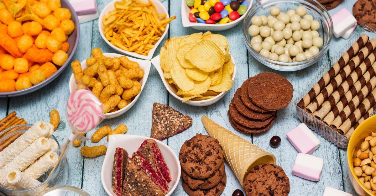 un tavolo colmo di cibo ultra-processato.