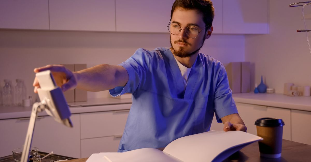 Medico in camice azzurro guarda un tablet mentre tiene in mano un libro o una cartella medica.