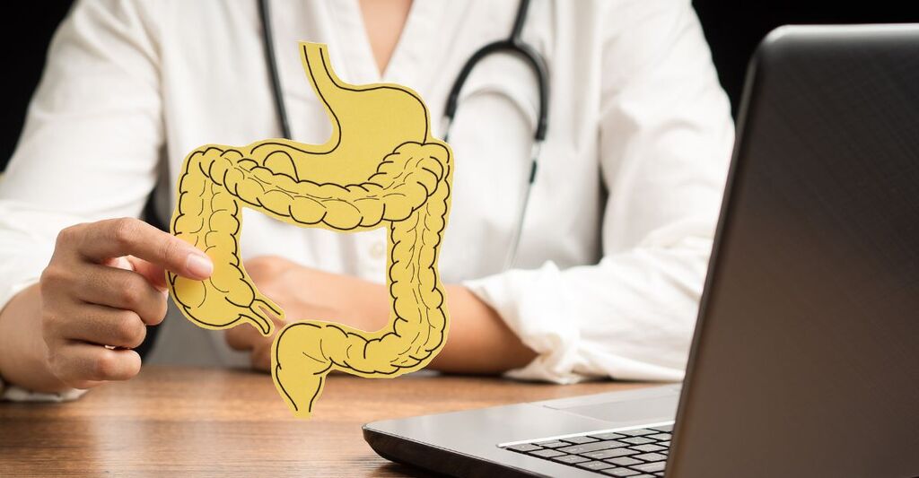 medico tiene in mano, immagine stilizzata dell'intestino