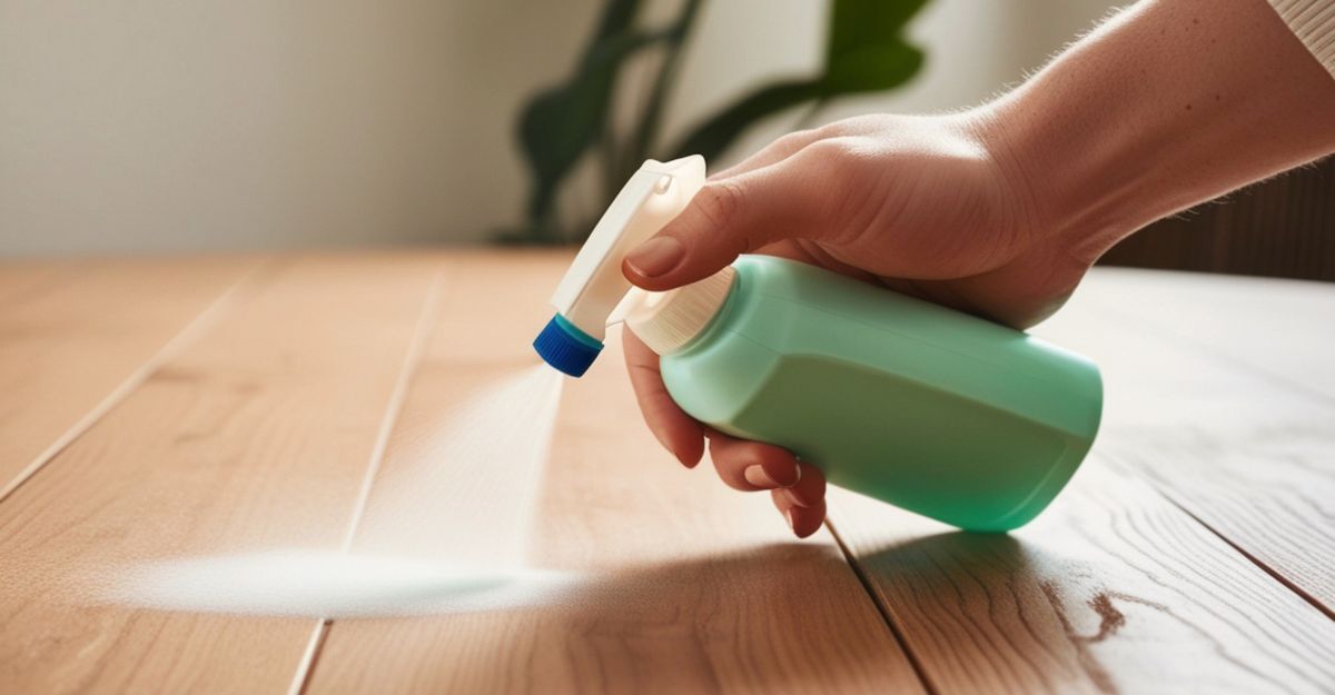 Una mano spruzza un detergente da un flacone verde su una superficie di legno