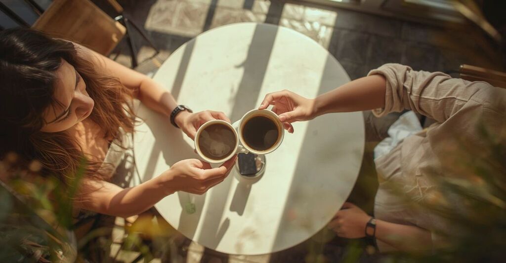 Vista dall'alto di due persone che bevono caffè
