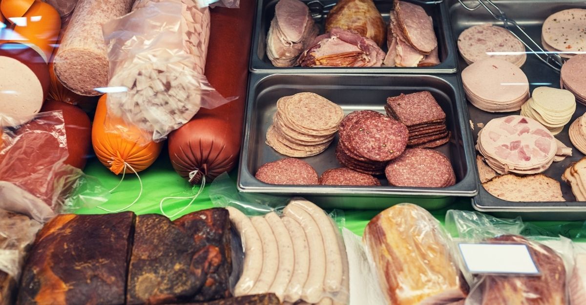 Un assortimento di vari salumi, insaccati e carni lavorate esposti in un banco frigo