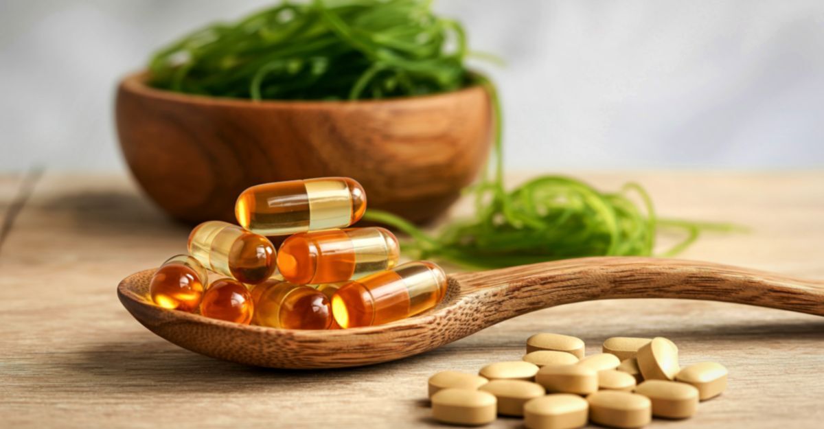 Integratori alimentari in capsule trasparenti e compresse su un cucchiaio di legno, con una ciotola di alghe verdi sullo sfondo