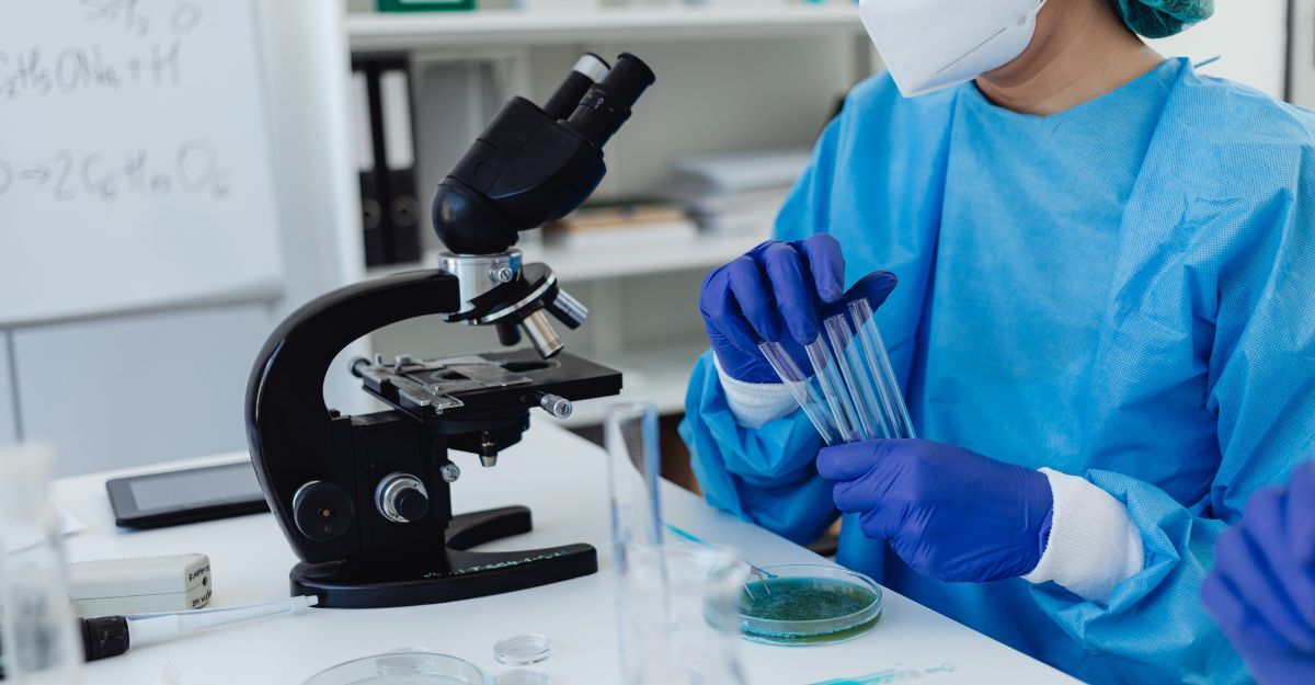 Primo piano di un operatore sanitario con guanti blu che utilizza una pipetta per versare un campione di sangue in una provetta.