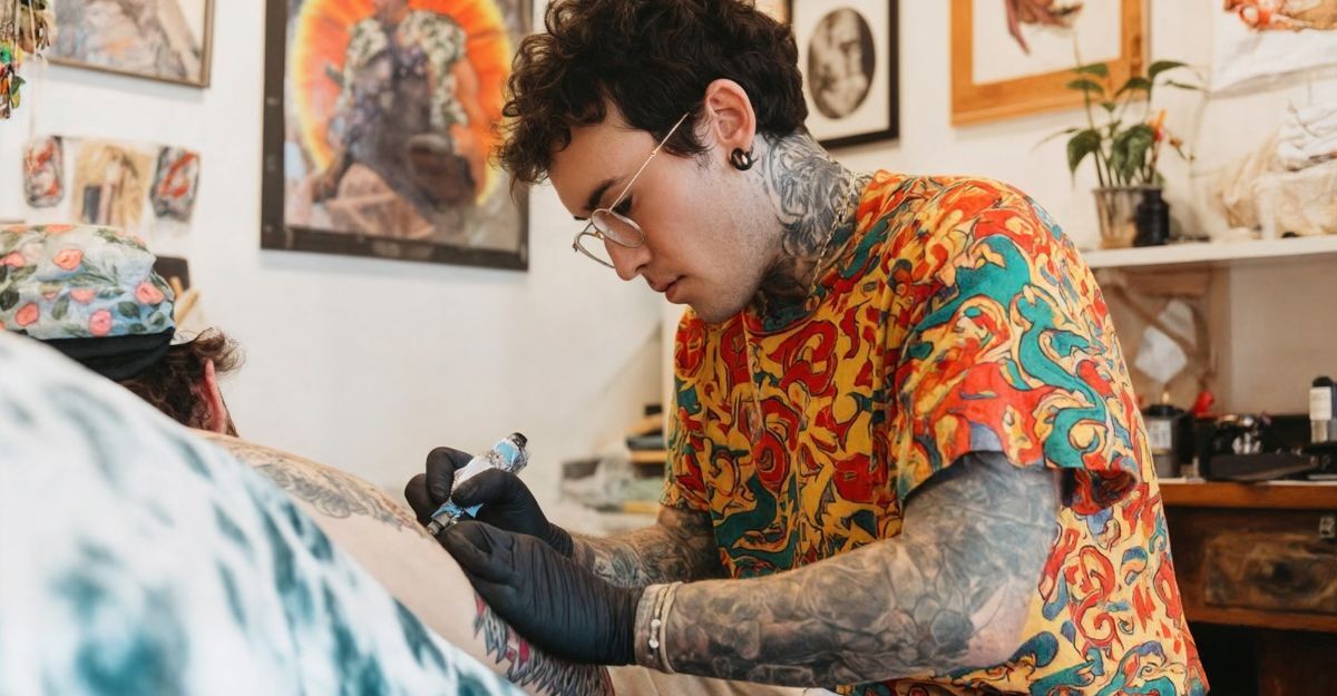 Un tatuatore che tatua un paziente