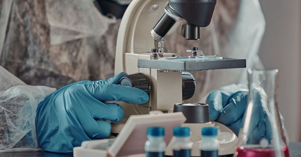 Primo piano di un ricercatore con guanti azzurri che regola la messa a fuoco di un microscopio ottico