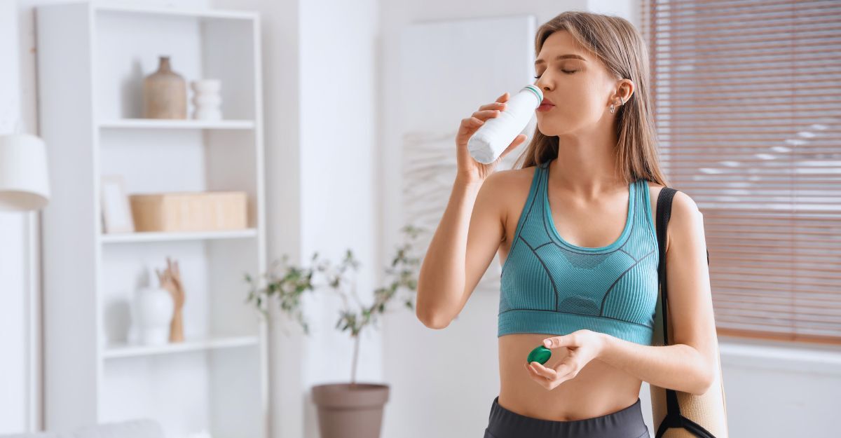 Giovane donna sportiva che beve uno yogurt gustoso a casa