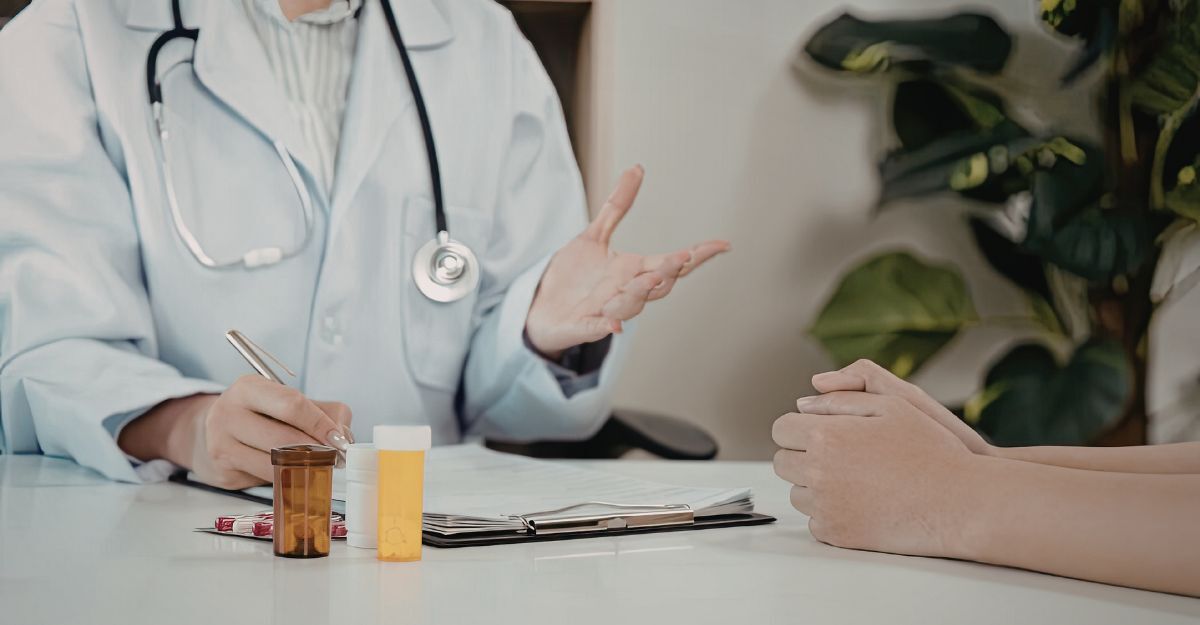 Primo piano delle mani di un medico che scrive su documenti medici mentre parla con un paziente; sul tavolo sono presenti flaconi di medicinali