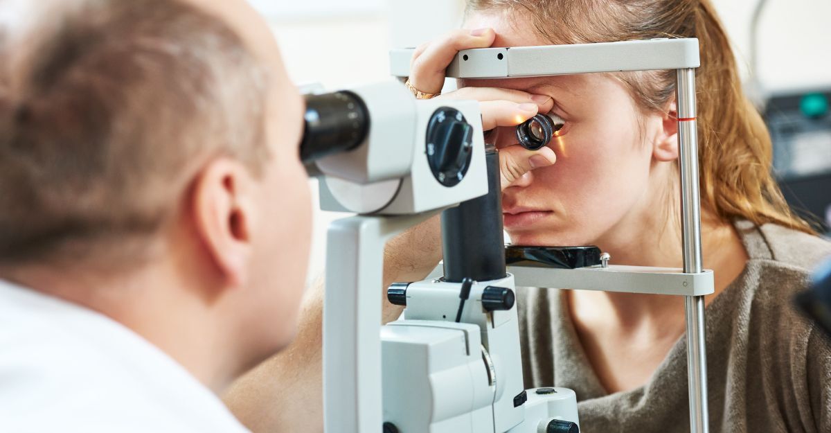 Un oculista esegue un esame della vista a una paziente utilizzando una lampada a fessura in uno studio medico