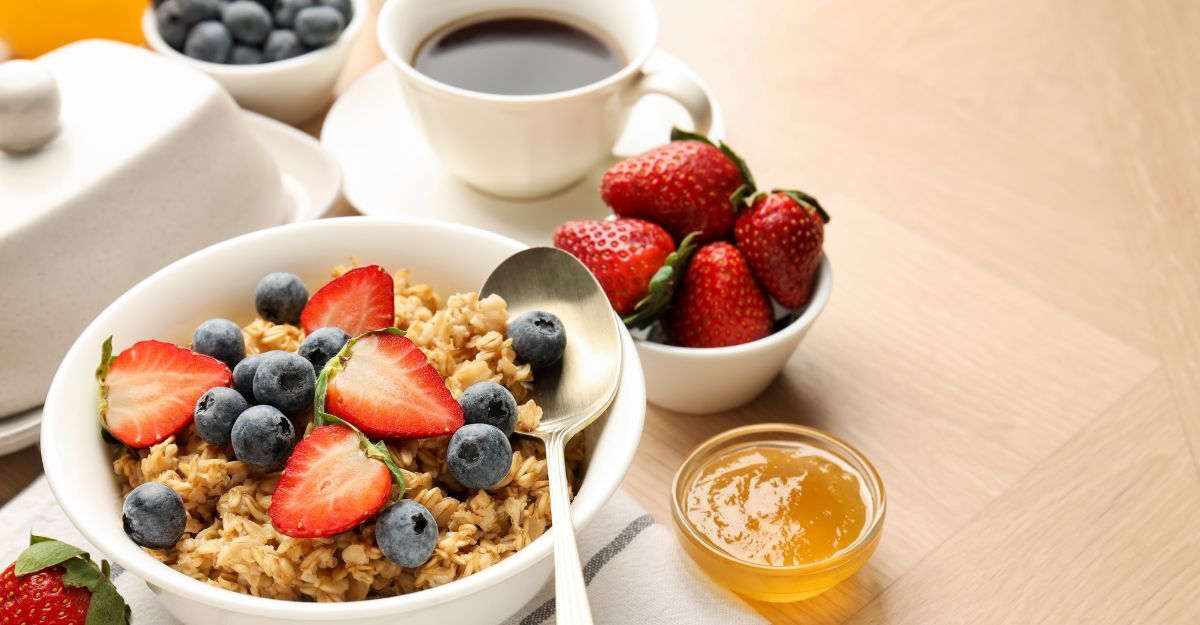 Una ciotola di porridge d'avena guarnita con fragole fresche e mirtilli, accompagnata da caffè nero e miele su un tavolo in legno