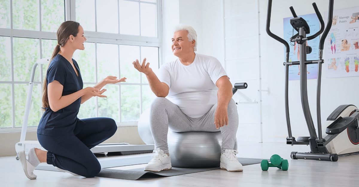 Una dottoressa fa praticare movimento fisico a un uomo.