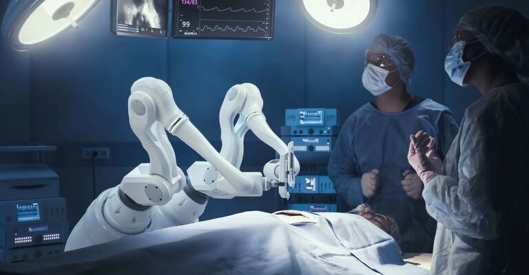 Due chirurghi osservano bracci robotici automatizzati e programmabili ad alta precisione che operano un paziente in un ospedale ad alta tecnologia. Arti robotici eseguono una nanochirurgia complessa, i medici osservano i parametri vitali sul monitor.