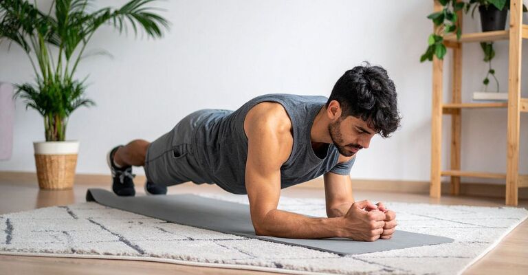 Un ragazza che fa il plank in casa