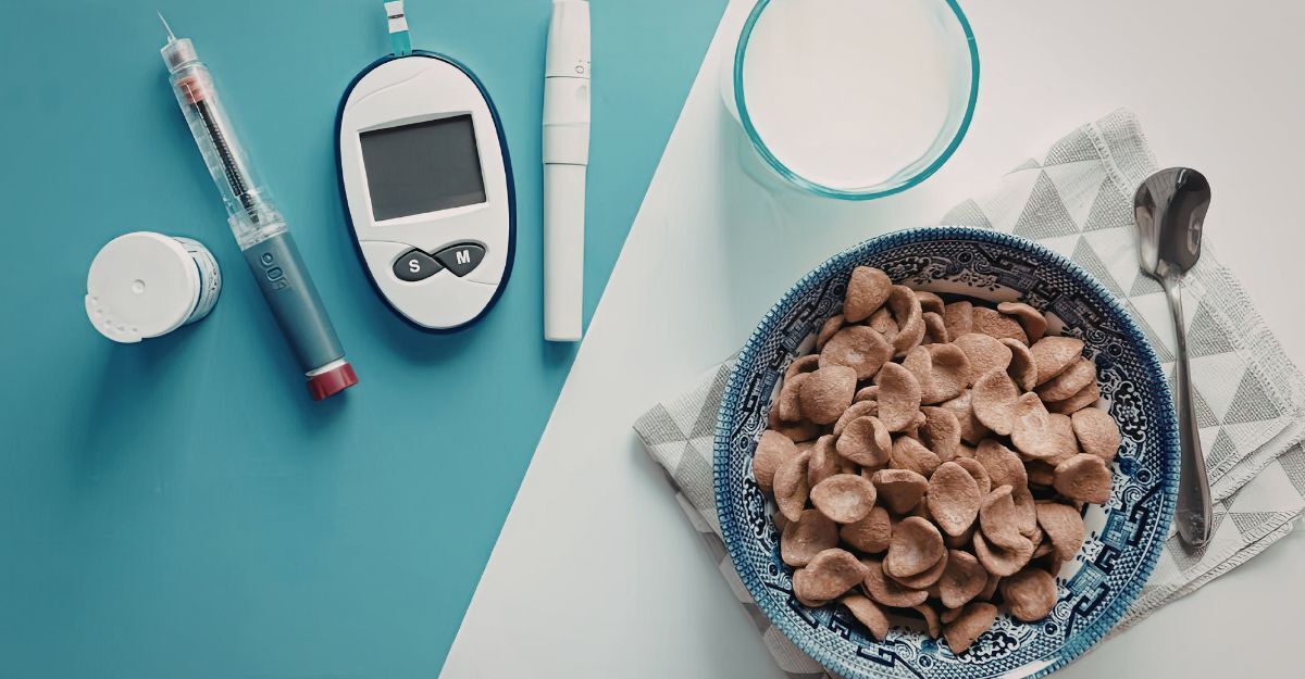 dispositivi per diabete ed una ciotola di cereali al cioccolato