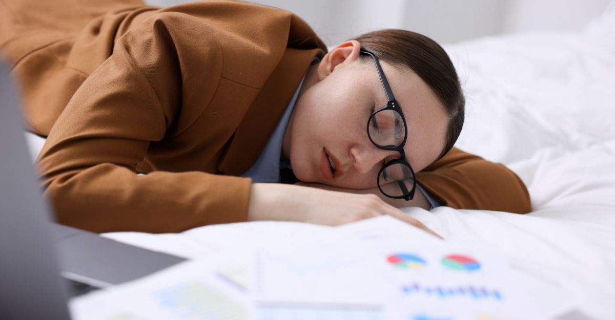 Una donna con gli occhiali addormentata su un letto sopra a dei documenti di lavoro.