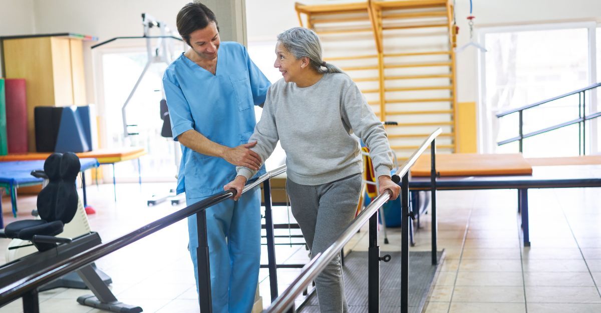 Fisioterapista assiste un'anziana in una seduta di terapia del movimento