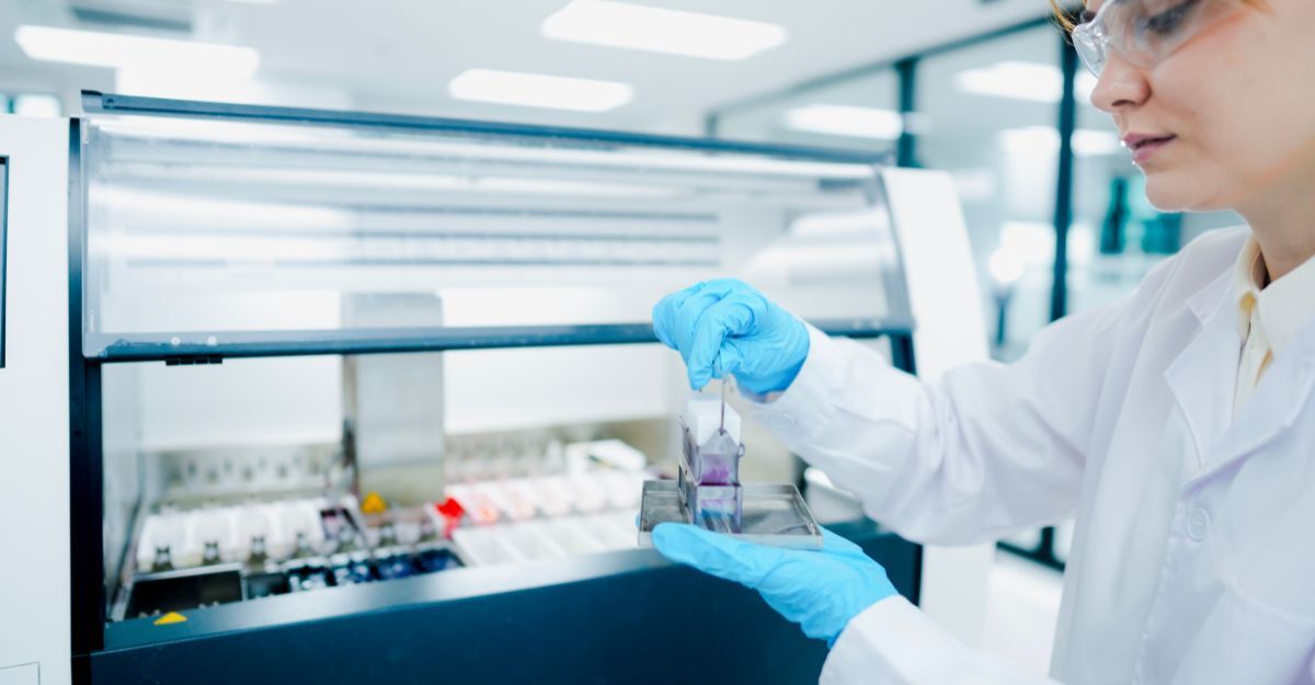 Tecnico di patologia che tiene in mano il porta-vetrini per biopsia per il controllo di qualità in laboratorio clinico. Scienziato medico che prepara sezioni di tessuto per la diagnosi oncologica microscopica.