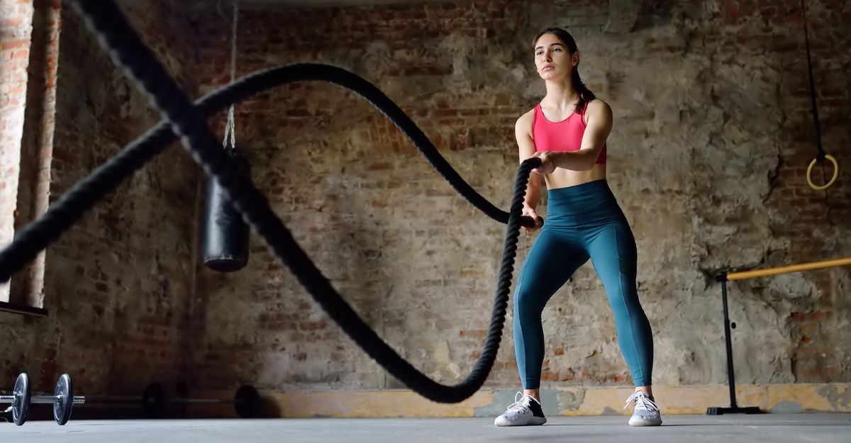 ragazza in tenuta sportiva che si allena in palestra con le funi