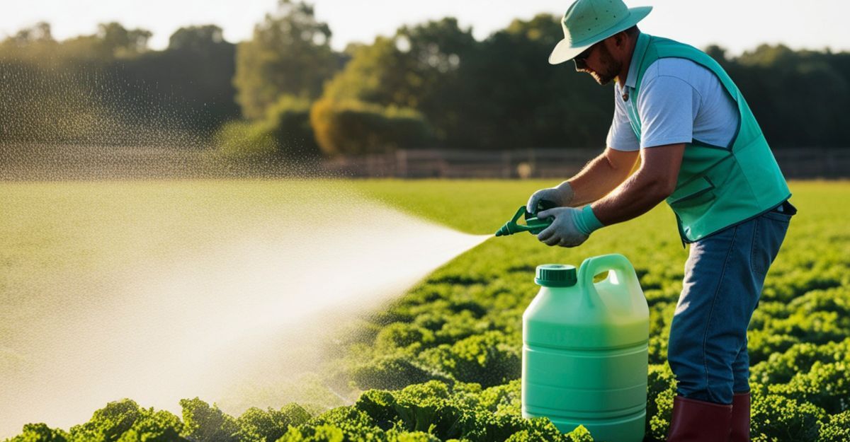 Una persona che spruzza un pesticida su un campo