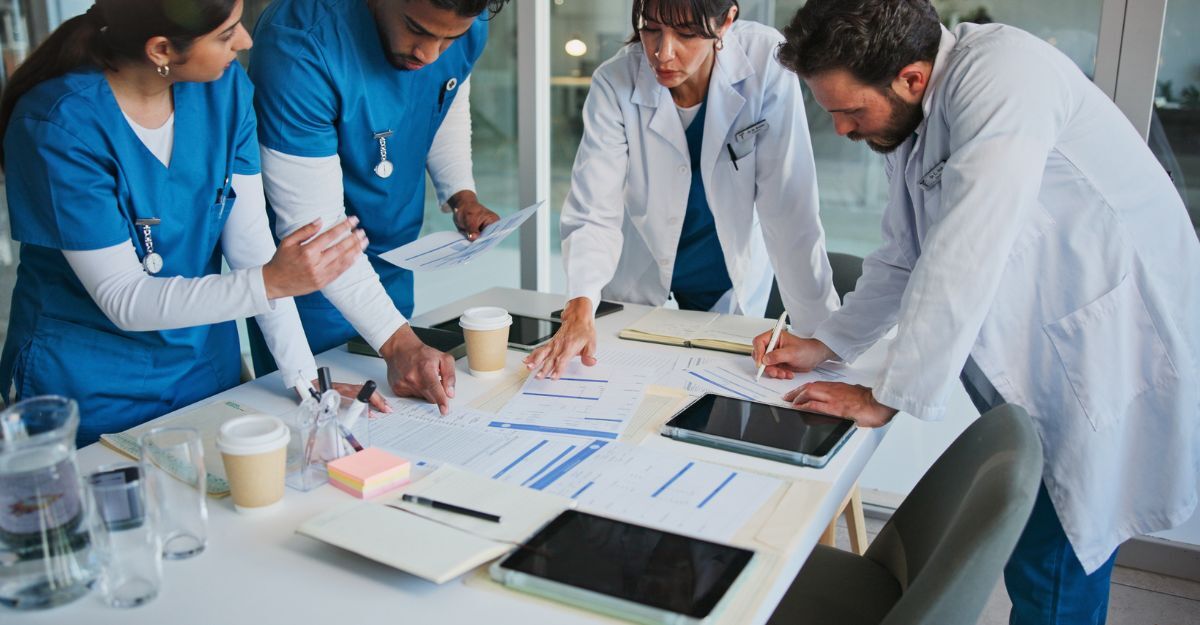 Medico, persone o riunione in ospedale con documenti per la diagnosi del paziente, consulenza medica o pianificazione. Infermiere, team sanitario e conversazione per ricerca, documenti e strategia di collaborazione.