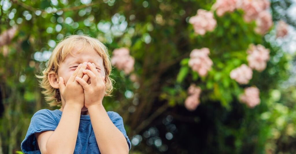 bambino starnutisce, sullo sfondo un giardino fiorito