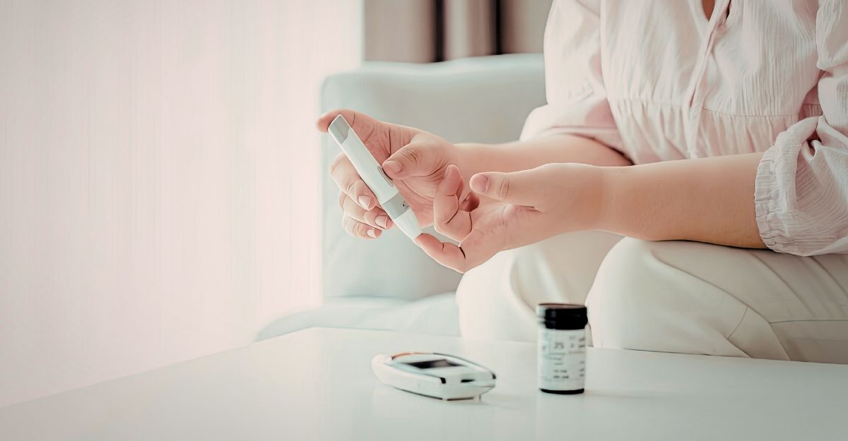 Una donna misura la glicemia in primavera.