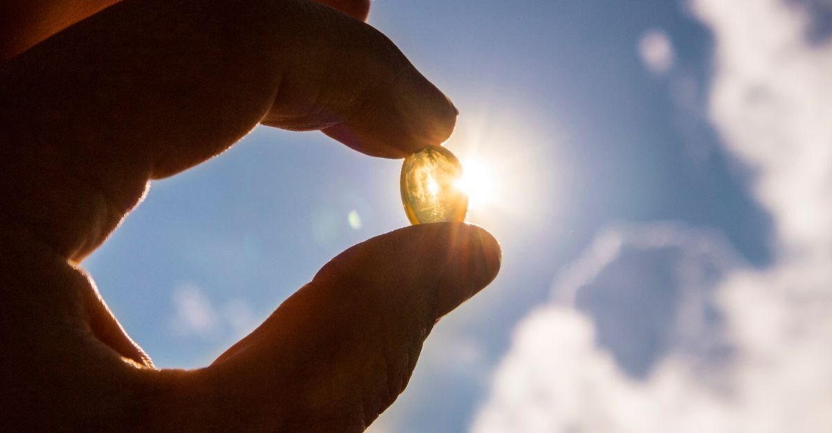 Primo piano di una mano che tiene una capsula di vitamina D controluce contro il sole e il cielo blu.