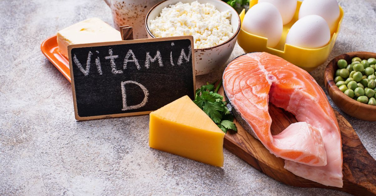 Il primo piano di alimenti che contengono vitamina D (pesce, uova, formaggio)