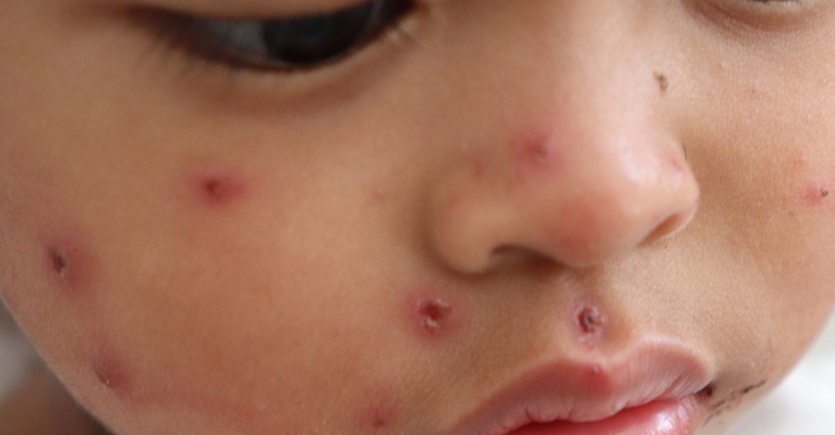 bimbo con le pustole del morbillo sul volto