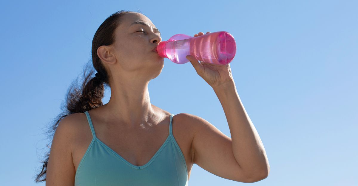 Una donna sotto al sole che beve acqua da una bottiglia