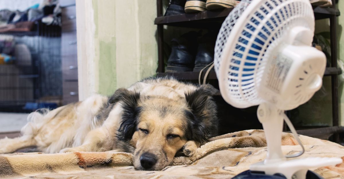 Un cane che dorme sul letto con il ventilatore acceso