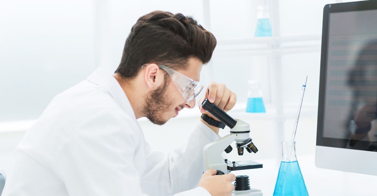 Ricercatore in camice bianco e occhiali protettivi che osserva un campione al microscopio in laboratorio.   
