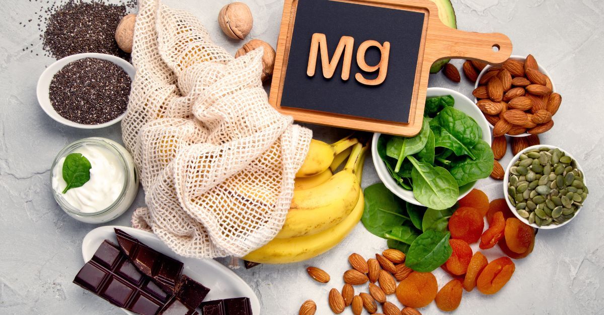 Selezione di alimenti ricchi di magnesio come banane, cioccolato fondente, mandorle e spinaci, disposti attorno a una lavagna con la scritta "Mg"