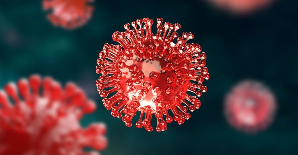 Rappresentazione 3D in primo piano del coronavirus di colore rosso con le relative proteine spike