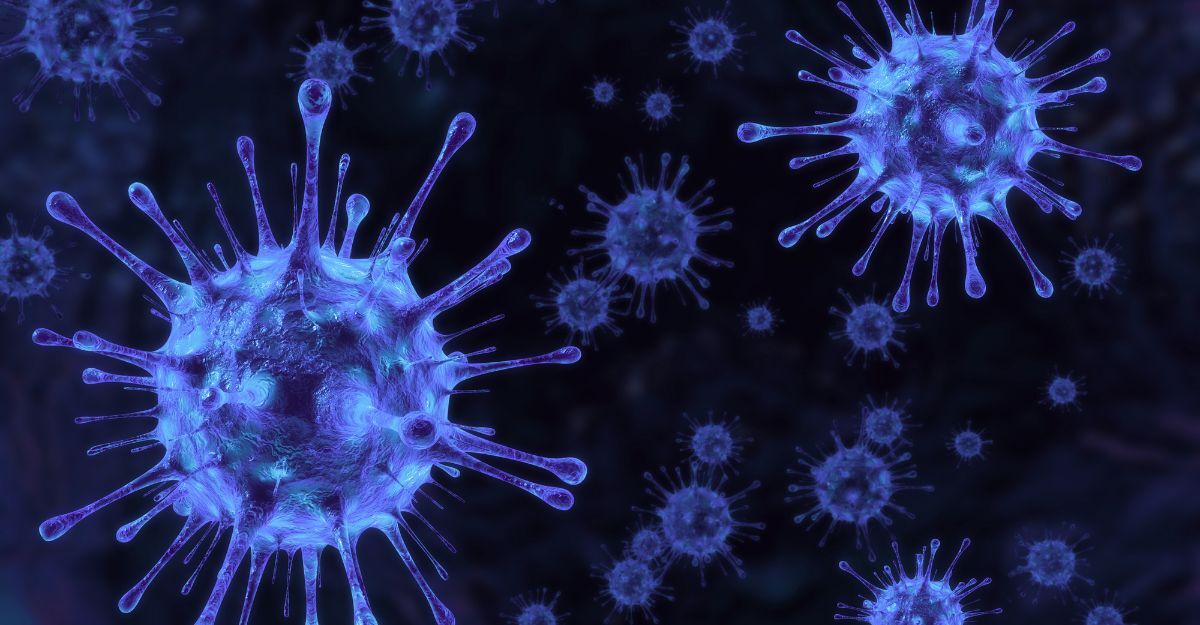 Illustrazione grafica 3D del virus SARS-CoV-2 di colore blu su sfondo scuro