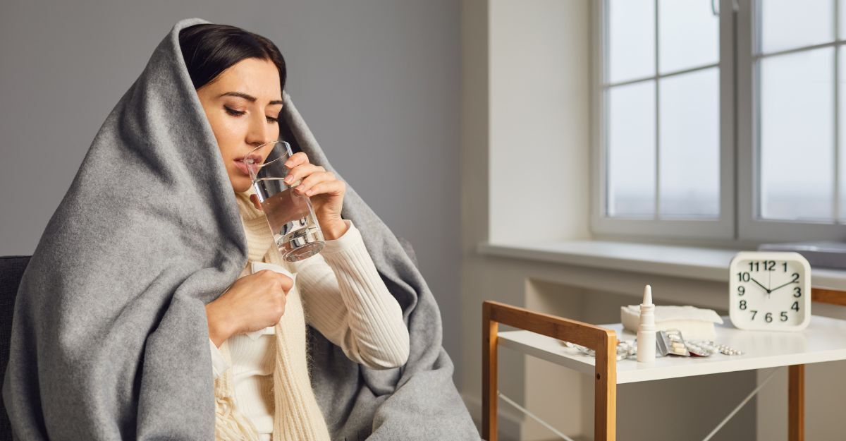 Donna avvolta in una coperta grigia che beve un bicchiere d'acqua vicino a un comodino con farmaci