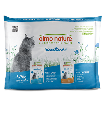 ALMO NATURE FUNCTIONAL CAT MULTI PACK 6X70g X 10 STERILISED WITH COD AND STERILISED WITH CHICKEN