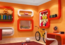 Aranżacja. Projekt 1. Nie dajmy się oszukać... tylko niektóre schowki w tym wnętrzu są prawdziwe - szuflada i szafka zamykana przezroczystymi drzwiczkami. Pozostałe to tylko zamocowane na ścianie ramki, w których można np. zawiesić półeczkę na książki lub umieścić wesoły dekoracyjny obrazek. Do kształtu ramek, pomalowanych na różne kolory, nawiązuje też forma biurka.