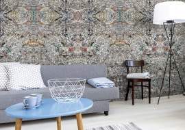 ]Grey living room in minimalist style with sofa, small table, two chairs, desk, and floor lamp