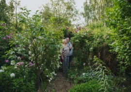 właściciele kolekcji Małgorzata i Jerzy Kralka na tle róży galijskiej ‘Cora’ (Lecomte/Savoureaux 1828), po lewej stronie bieleje  historyczna odmiana polyanthy 'Marysa' (Dr. Gustav Brada 1936), za nią różowa historyczna róża mchowa 'Eugenie Guinoisseau' (B. Guinoisseau 1864)