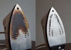 Przypalone żelazko można uratować! Na zdjęciu to samo żelazko przed i po czyszczeniu.